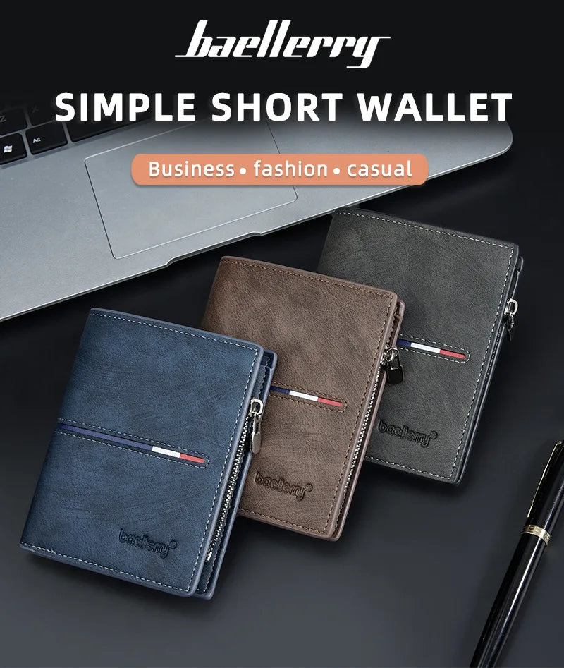 2024 Fashion PU Leather Men's Wallet Short Zipper Card Holder Simple Slim Coin Pocket Leisure Short Wallet