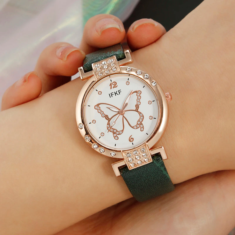 Nuevo reloj de cuarzo con cinturón sencillo de moda coreana, edición para mujer + conjunto de joyas de tres piezas