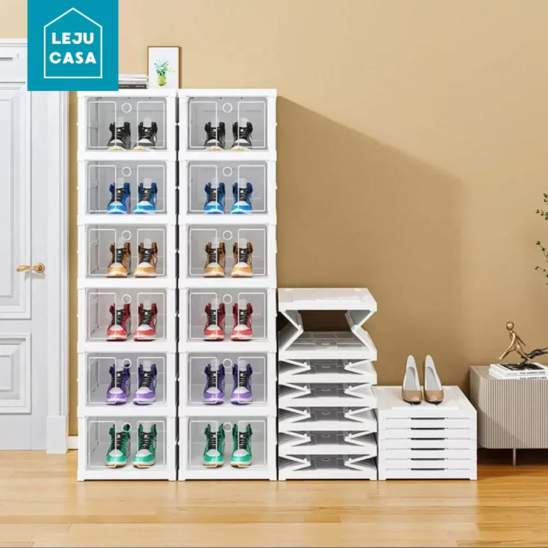 Organizador de zapatos, cajas de almacenamiento de zapatos de plástico plegables para zapatillas, apilables, a prueba de polvo, gabinete transparente, estante para zapatos de varias capas