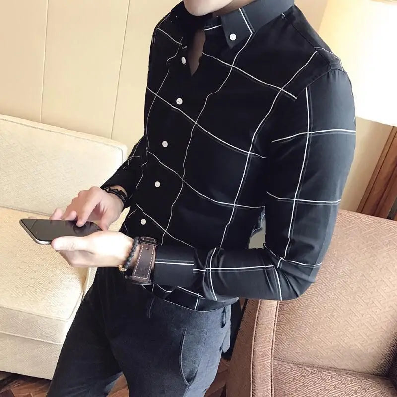 Summer Loose Casual Handsome Retro Korean Style Elegant Fashion Men's Shirt Button Plaid Splicing Lapels Long Sleeve Chic Tops