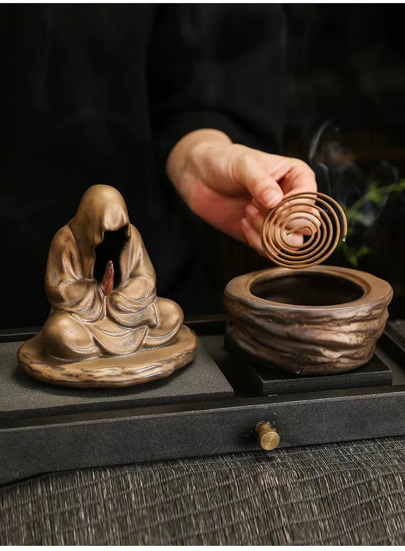 Ceramic Formless Buddha Meditation Incense Burner Backflow Monk Incense Holder Tearoom Office Yoga Zen Sculpture Decoration