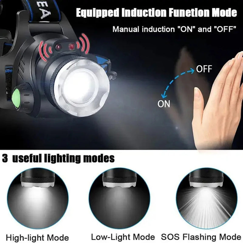 Linterna frontal recargable por USB 2*18650 con sensor de movimiento, linterna LED, linterna impermeable para pesca, camping, linterna portátil