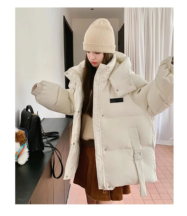 Solid Color Down Jacket Women Hooded Coat Stand Collar Fashion American Streetwear Duck Down Feather Female Winter Short Outwear