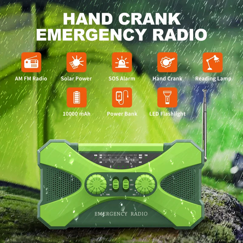 Radio multifuncional de 10000 mAh con manivela y carga solar por USB, radio meteorológica FM, AM, WB, NOAA, linterna LED de emergencia