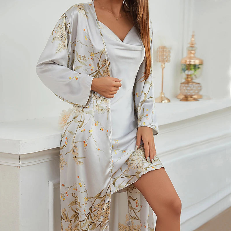 Simple Women's Four Seasons Home Clothing Sexy Imitation Silk Printing Pajamas Female Thin Nightgown Night-Robe 2PCS Suit