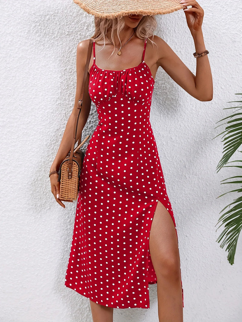 Vestido de verano 2024 con tirantes finos y estampado de lunares, sin mangas, con abertura, estilo bohemio, informal, para playa