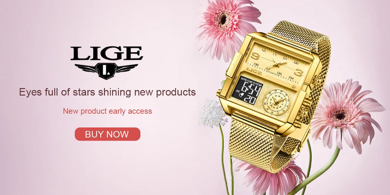 LIGE 2023 Nuevo reloj dorado para mujer, marca superior, relojes cuadrados creativos de lujo, reloj de pantalla dual de moda para mujer, reloj femenino + caja