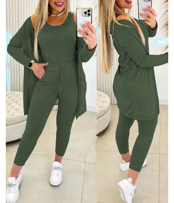 Elegant Fall Outfits Women 2023 Suit Fashion Versatile Casual Round Neck Tank Top & Drawstring Pants Set with Coat Three-piece