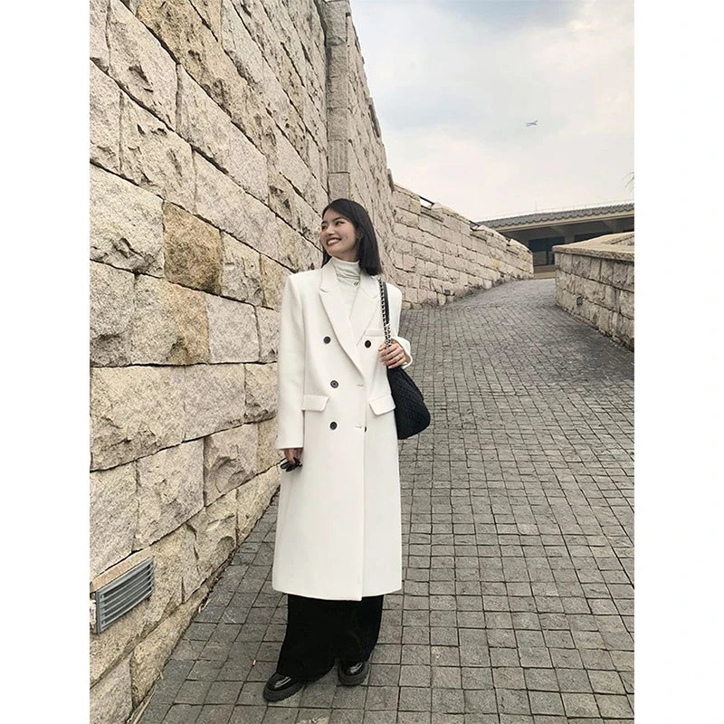 Elegant Long Wool Coats Women Streetwear Quilted Jacket Korean Double Breasted Woolen Overcoat Winter Oversized Thick Outwear