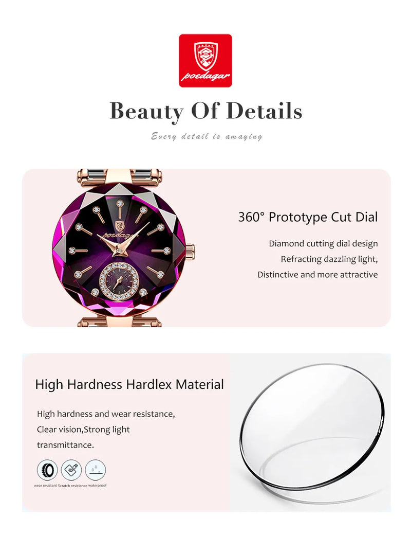 POEDAGAR Reloj de pulsera de lujo para mujer, elegante reloj de acero inoxidable resistente al agua para damas, relojes de cuarzo con diamantes para mujer, Reloj