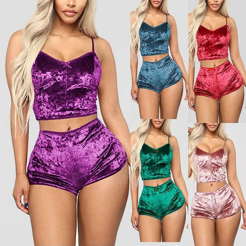 Women's Velvet Polyester Comfortable V-neck Underwear Setcamisole+shorts Pajamas Set Home Clothes Sleeveless Top Shorts