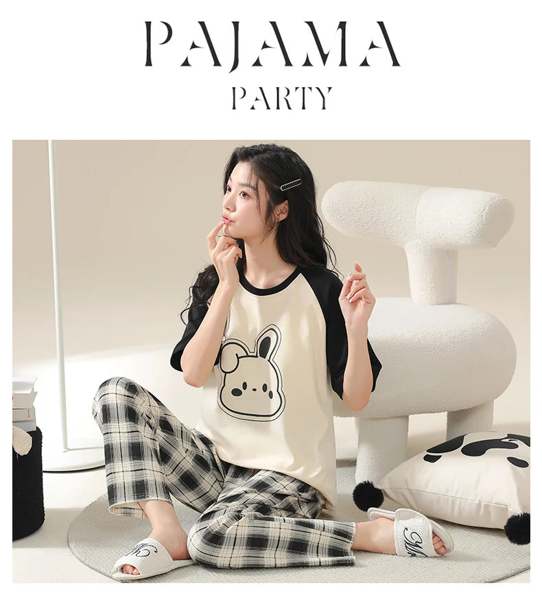 Conjuntos de pijamas de talla grande 5XL, pijamas de punto de oso de dibujos animados de manga corta, pijamas a cuadros, pijamas elegantes para mujer, pijamas para estar en casa, pijamas para mujer