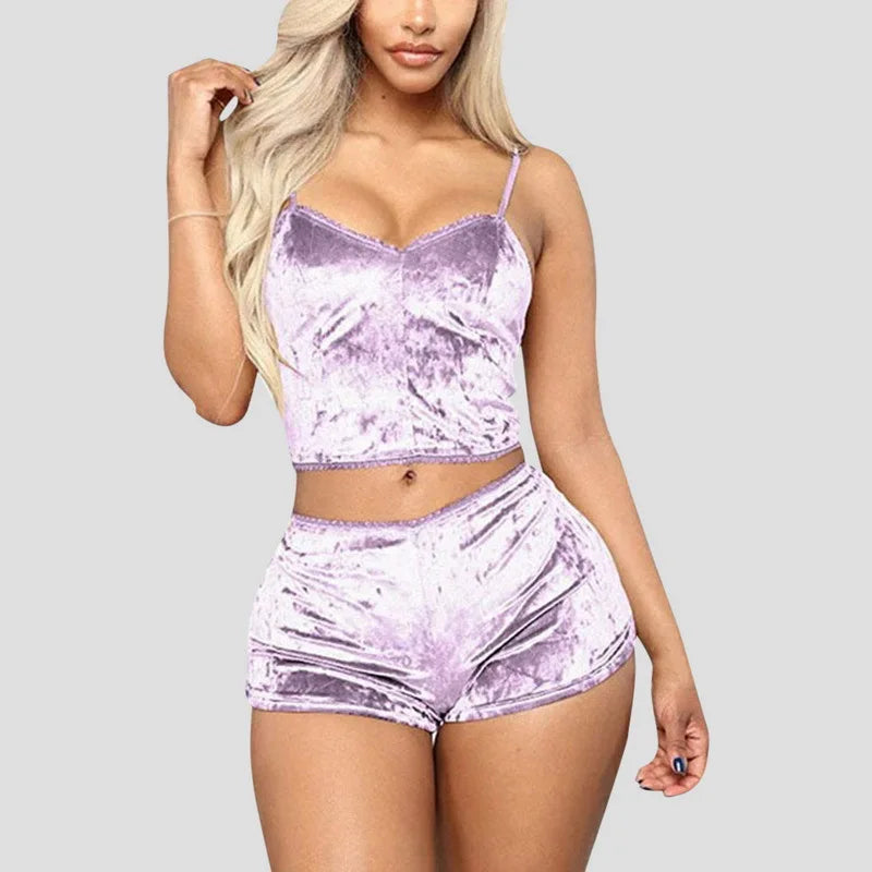 Women's Velvet Polyester Comfortable V-neck Underwear Setcamisole+shorts Pajamas Set Home Clothes Sleeveless Top Shorts