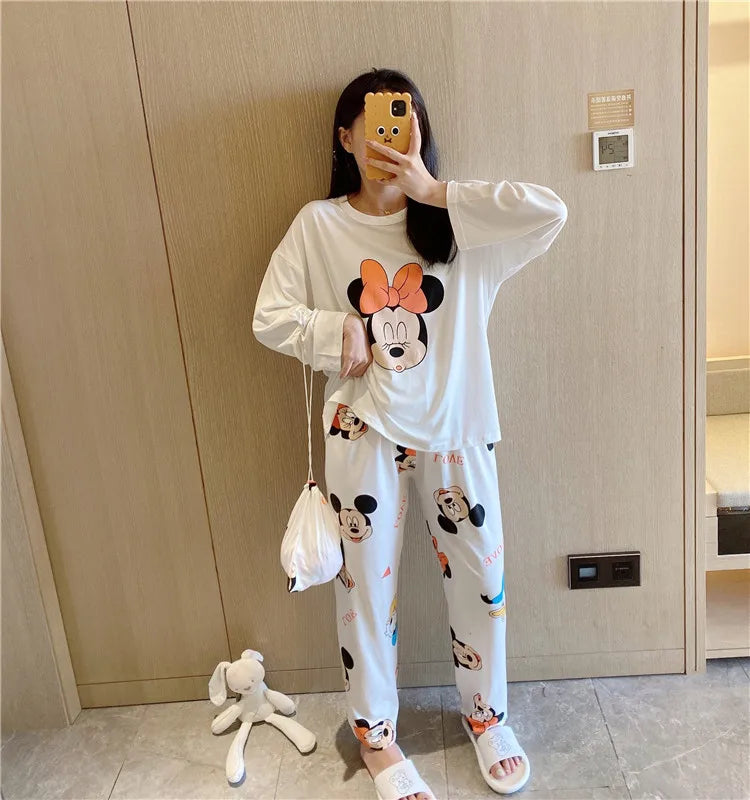 Disney Donald Duck new women's pajamas autumn cotton long-sleeved trousers two-piece set silk pajamas women's loungewear set