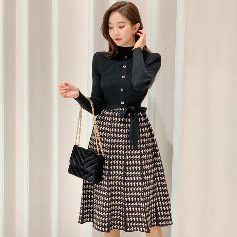 Korean Elegant Knitted Plaid Patchwork Midi Dress for Women Long Sleeve O-neck Bird Lattice Bow Pleated Dress Autumn Winter 2023