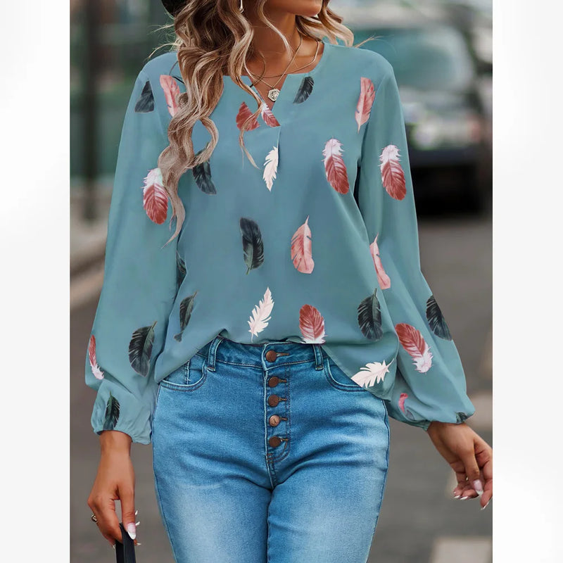 Fashion Woman Blouse Shirts For Women Stylish Top long Sleeve Feather Pattern Female Tops Elegant Chiffon Mujer Woman Clothes