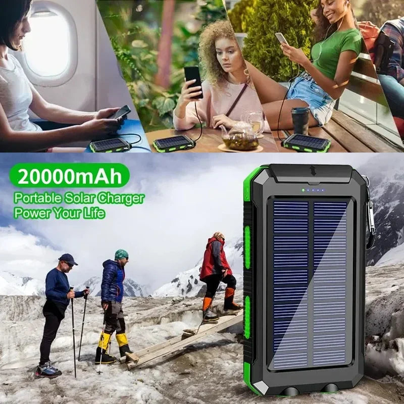 Banco de energía solar portátil de gran capacidad para exteriores, 20000 mAh, resistente al agua, carga súper rápida, linterna portátil para iOS y Android