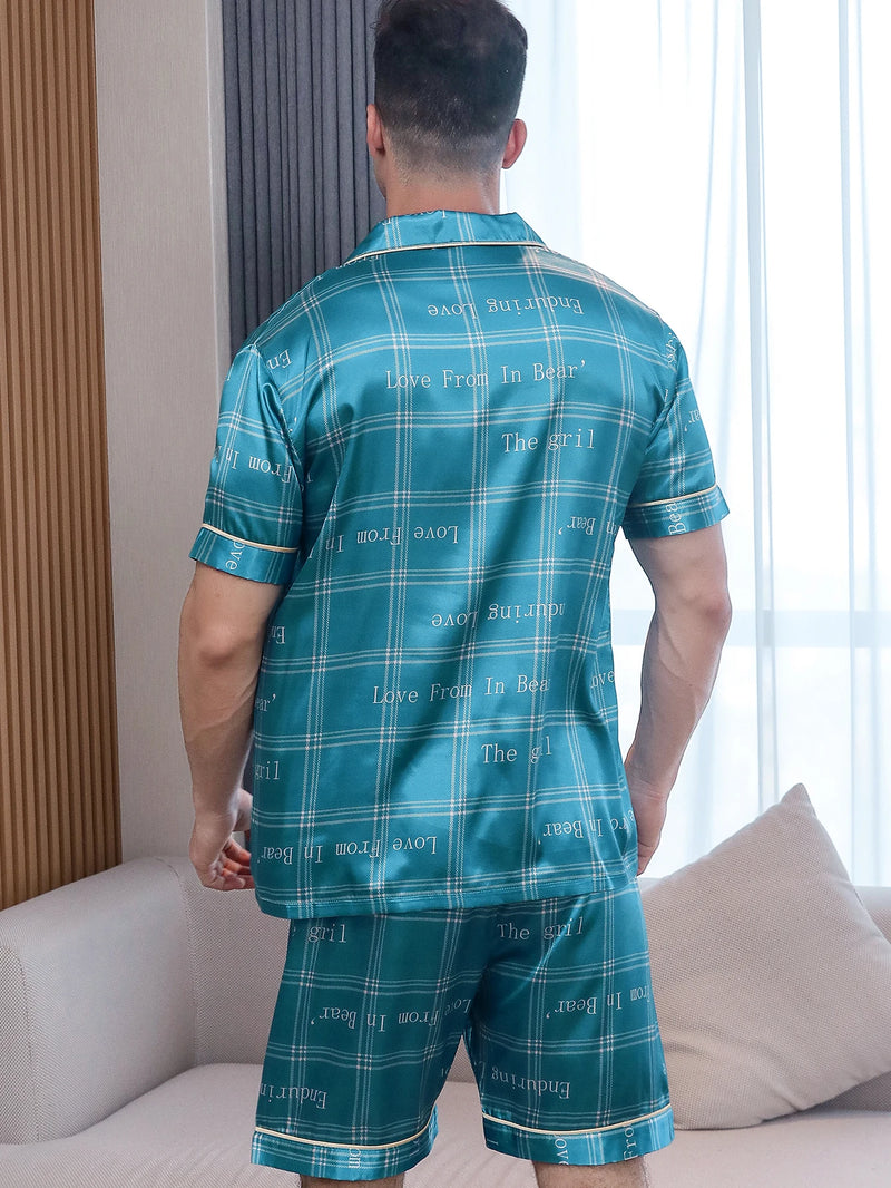 Conjuntos de dos piezas para pijamas de hombre, pantalones cortos de verano de manga corta, ropa de dormir con estampado de patrón inglés para el hogar