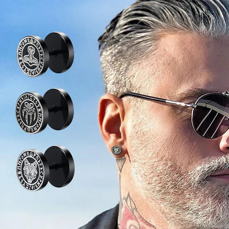 Pendientes de tuerca con diseño de runas vikingas nórdicas góticas para hombres y niños, de acero inoxidable, estilo rock punk, con cabeza de lobo y brújula, con nudo celta, color negro