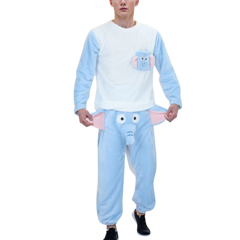 Pijama divertido de elefante para hombre, conjunto de dos piezas con remera y pantalones divertidos, regalo para hombre, ropa de casa cálida y gruesa para invierno