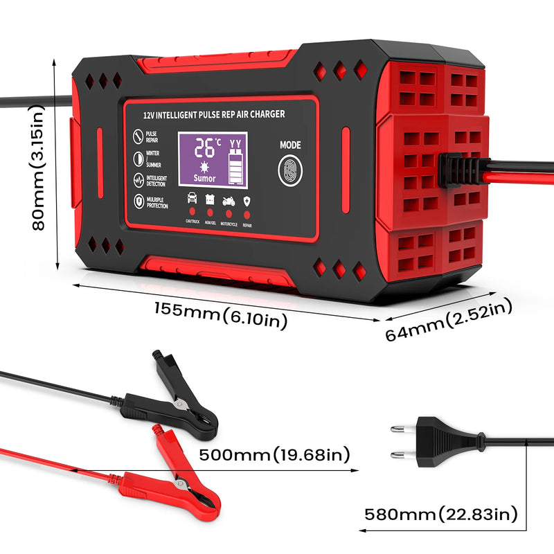 Cargador de batería inteligente para automóvil de 6 A y 12 V Unidad de carga de batería para automóvil y motocicleta Reparación de batería de plomo-ácido Pantalla LCD