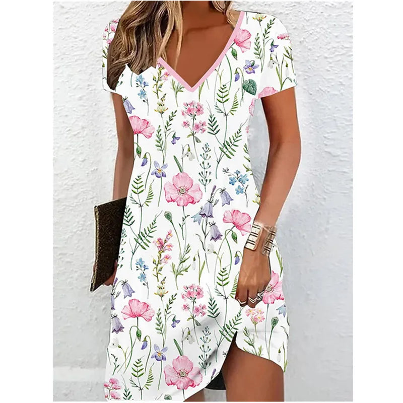 Vestido de verano de manga corta con escote en V, informal, para mujer, minivestido con estampado floral retro, talla grande 6XL, elegante, hasta la rodilla