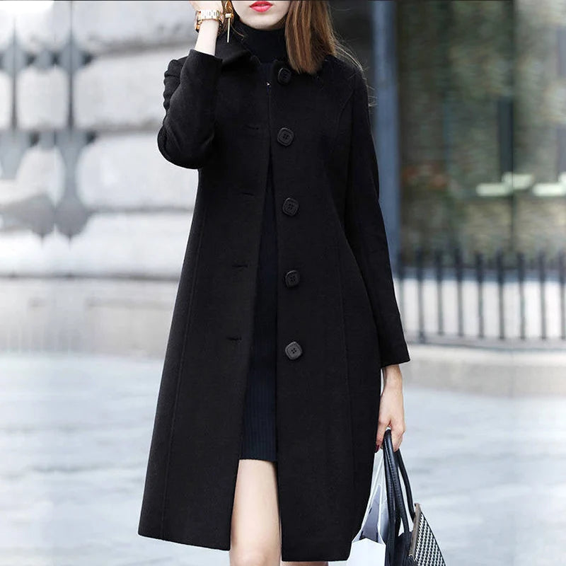 New Fashion British Solid Button Wool Coat Women Long Sleeve Jackets Woman Elegant Pocket Slim Outfit Mujer