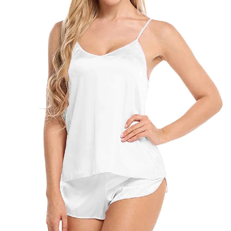 Conjuntos de pijamas sexys para mujer, ropa de dormir para mujer, tops sin mangas con tirantes finos y pantalones cortos, traje de casa, ropa de dormir de verano con cuello en V para mujer