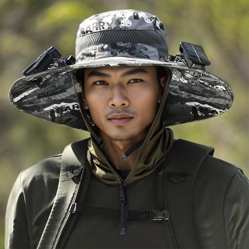 Para acampar al aire libre, pescar, hacer senderismo, protector solar, sombrero de pescador, gorra con ventilador solar, gorra de carga solar portátil con ventilador adecuada