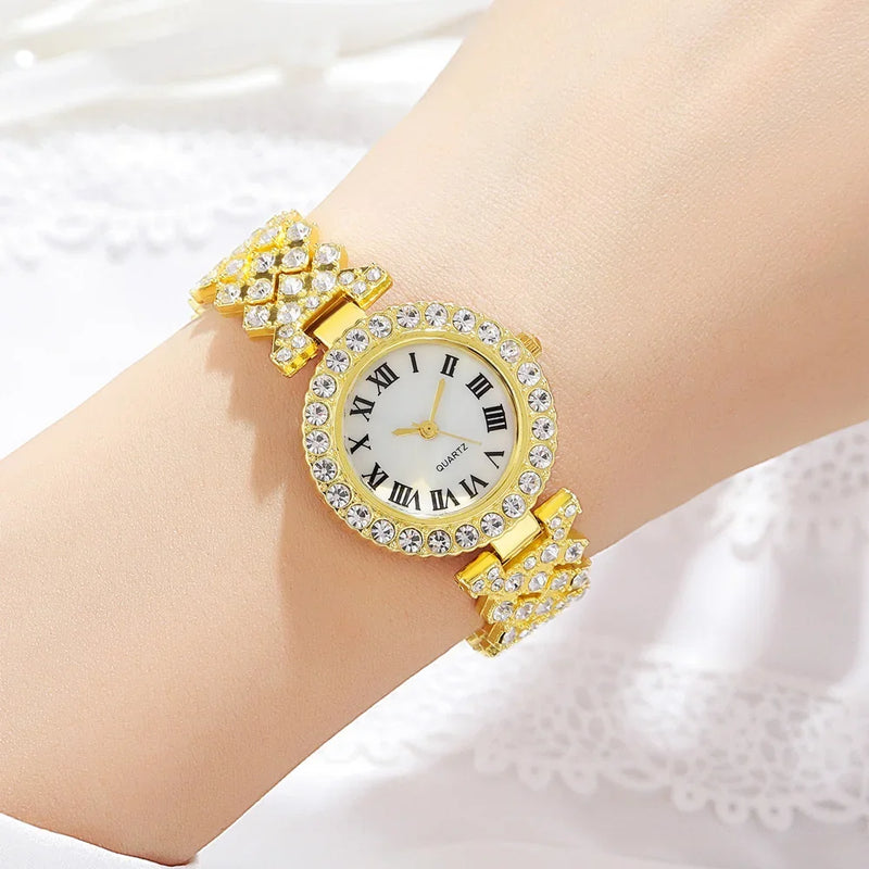 Juego de 5 piezas de relojes para mujer, anillo, collar, pendientes, diamantes de imitación, reloj de pulsera de moda para mujer, relojes casuales para mujer, conjunto de pulsera, reloj