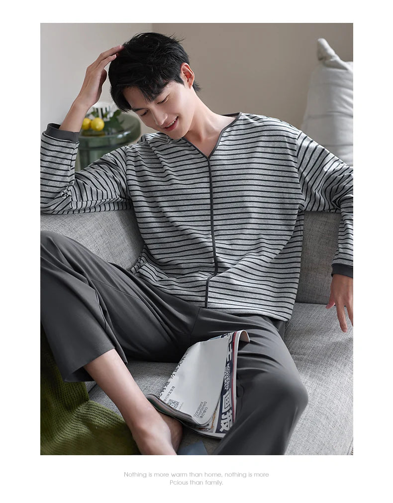 Autumn Men's Full Pure Cotton Pajamas Striped Sleepwear Big Yards M-3XL Pajama Sets Casual Sleep&Lounge Pyjamas Pijamas Hombre