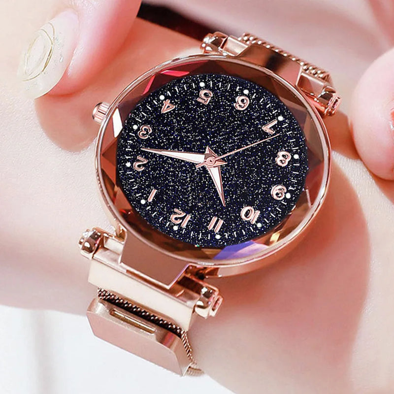 Conjunto de 5 relojes de pulsera de cuarzo con esfera redonda y diseño de cielo estrellado para mujer, relojes con cinturón de malla informales a la moda para mujer, reloj sencillo para vestir, regalo para niña