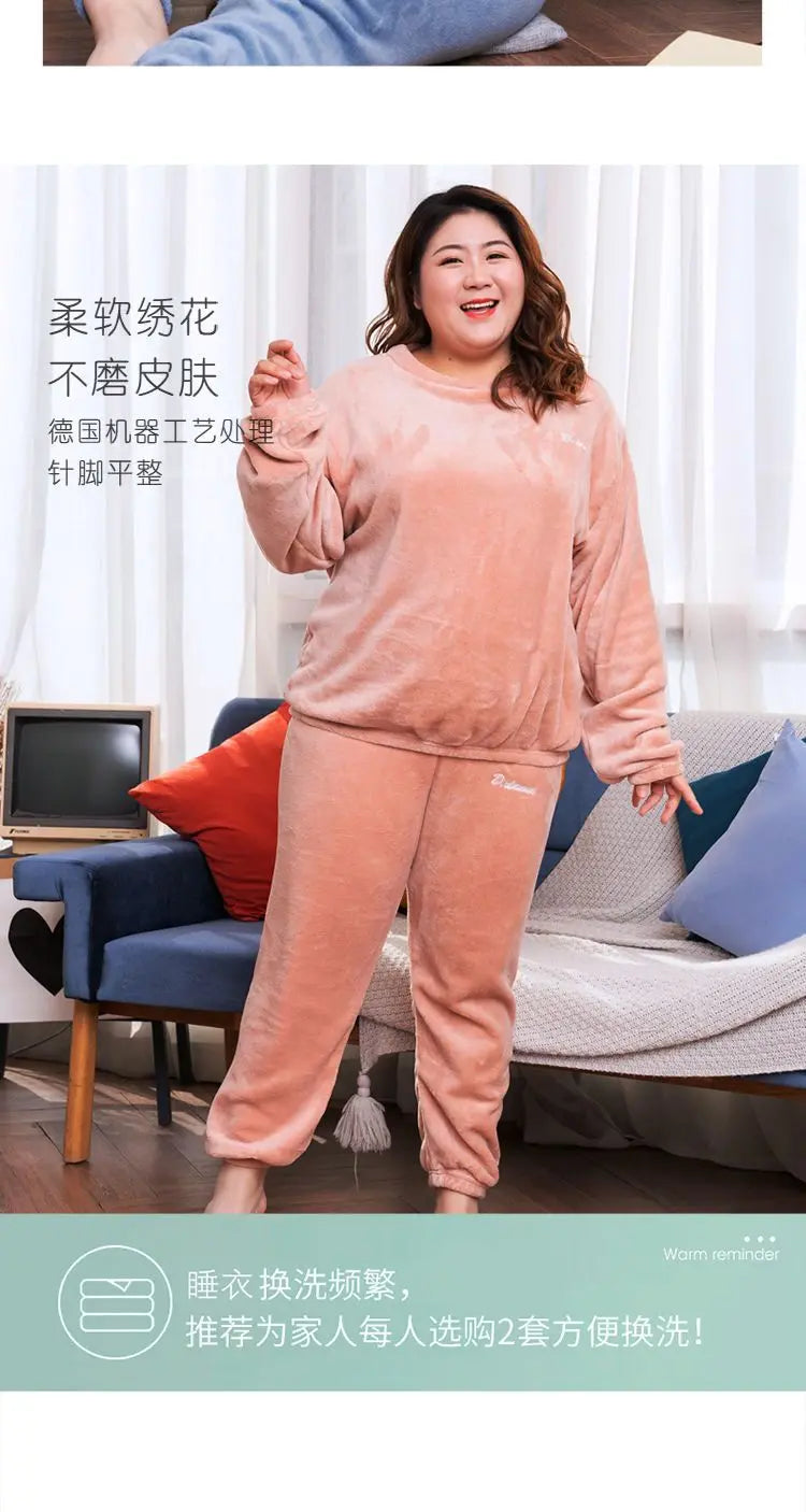 Winter Pajamas Coral Fleece Warm Pajamas Set Thick Long Sleeve Large Size 85kg Outside Pajamas Elastic Waist Trousers Pajama Set