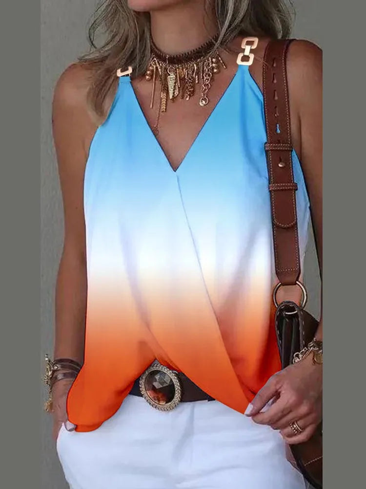 Elegant V-Neck Blouse for Women, Sexy Sleeveless Chain Print, Lady Casual Tops, White, Summer, 2024