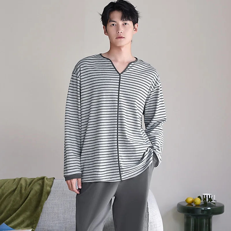 Autumn Men's Full Pure Cotton Pajamas Striped Sleepwear Big Yards M-3XL Pajama Sets Casual Sleep&Lounge Pyjamas Pijamas Hombre