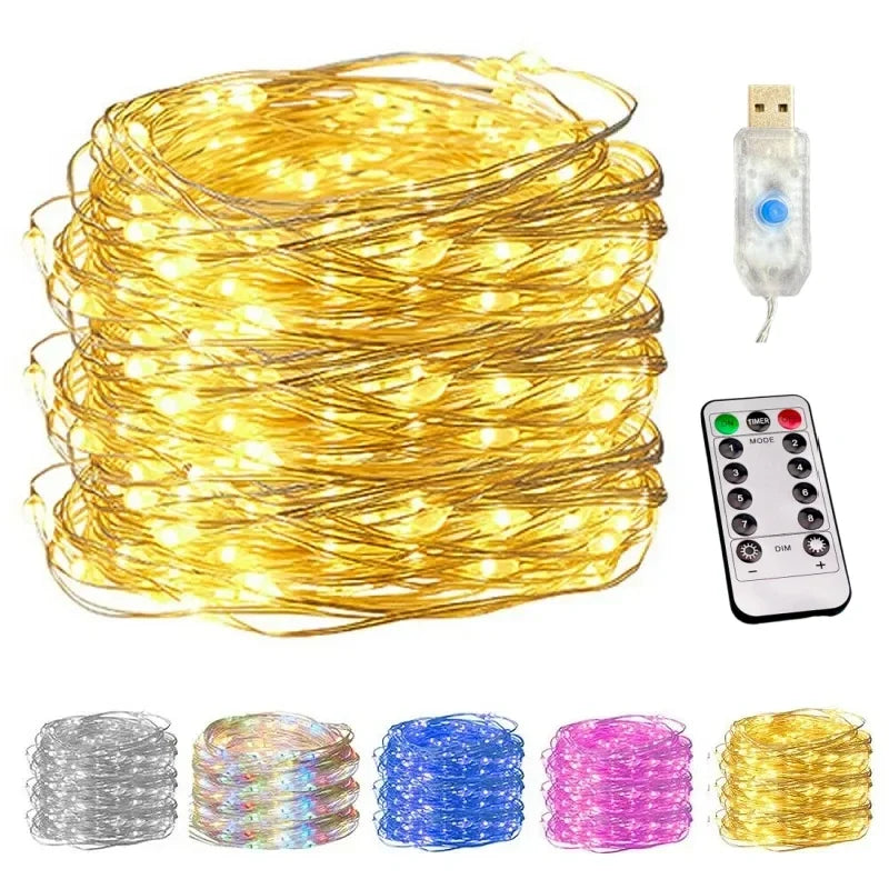 Cadena de luces LED de alambre de cobre, 100/200 luces LED USB con control remoto, 8 modos, decoración navideña a prueba de agua para Año Nuevo