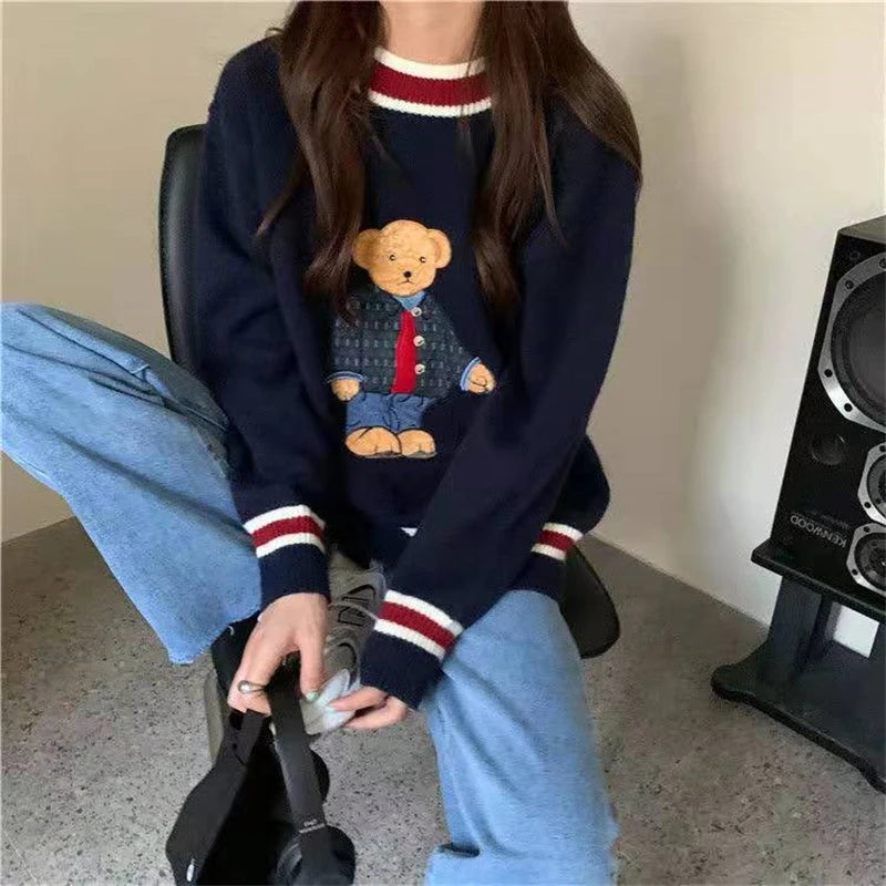 2024 Autumn Winter Women's Vest Japanese Style Cartoon Bear Pullover Vest Sweater Oversize Harajuku Kawaii Clothes Knitted Vest