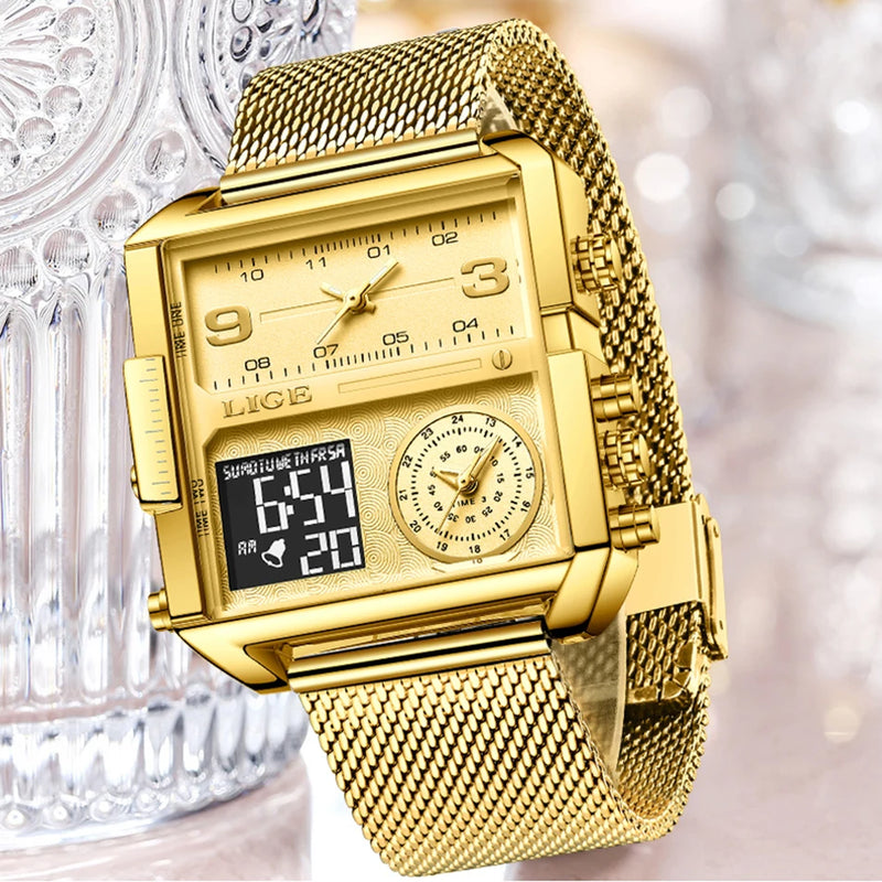 LIGE 2023 Nuevo reloj dorado para mujer, marca superior, relojes cuadrados creativos de lujo, reloj de pantalla dual de moda para mujer, reloj femenino + caja