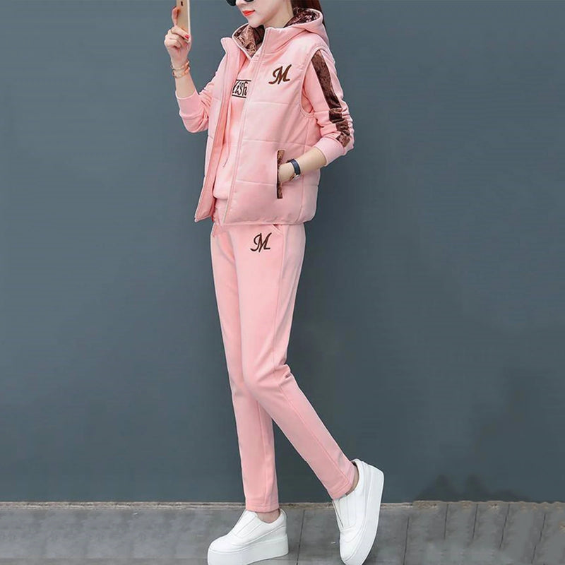 Fashion Warm Three Piece Set Women Outfit 2023 Fall Winter Thicken Tracksuit Casual Waistcoat Hoodies Pant Female Sweat Suit