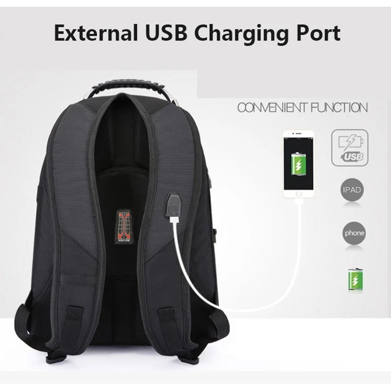 Mochila multifuncional suiza duradera para computadora portátil de 17 pulgadas, bolsa de viaje, mochila universitaria, puerto de carga USB, resistente al agua