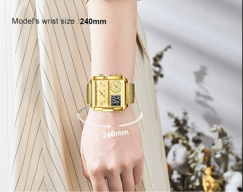 LIGE 2023 Nuevo reloj dorado para mujer, marca superior, relojes cuadrados creativos de lujo, reloj de pantalla dual de moda para mujer, reloj femenino + caja