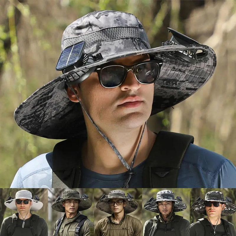 Para acampar al aire libre, pescar, hacer senderismo, protector solar, sombrero de pescador, gorra con ventilador solar, gorra de carga solar portátil con ventilador adecuada