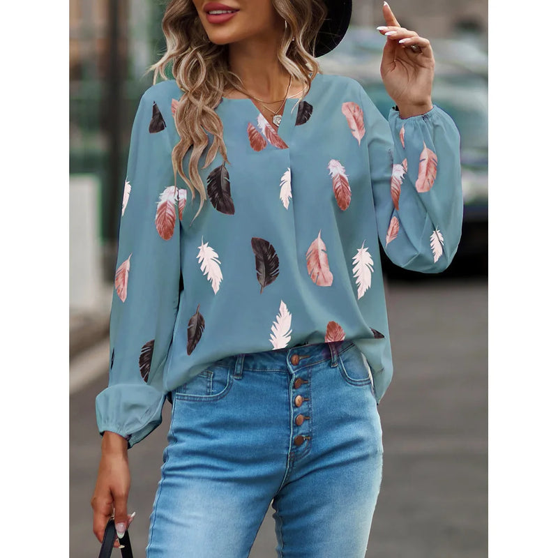 Fashion Woman Blouse Shirts For Women Stylish Top long Sleeve Feather Pattern Female Tops Elegant Chiffon Mujer Woman Clothes