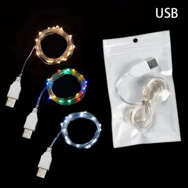 Guirnalda de luces LED con USB, 1/2/3/5 m, alambre plateado, resistente al agua, para decoración de Navidad, bodas, fiestas y vacaciones