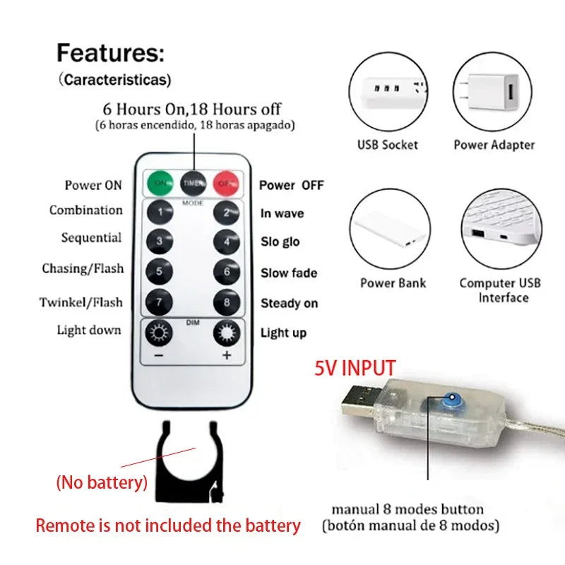 1 paquete de luces LED para cortina con control remoto USB de 8 modos, para bodas, hogar, fiestas, ventanas, paredes, decoraciones de Halloween y Navidad