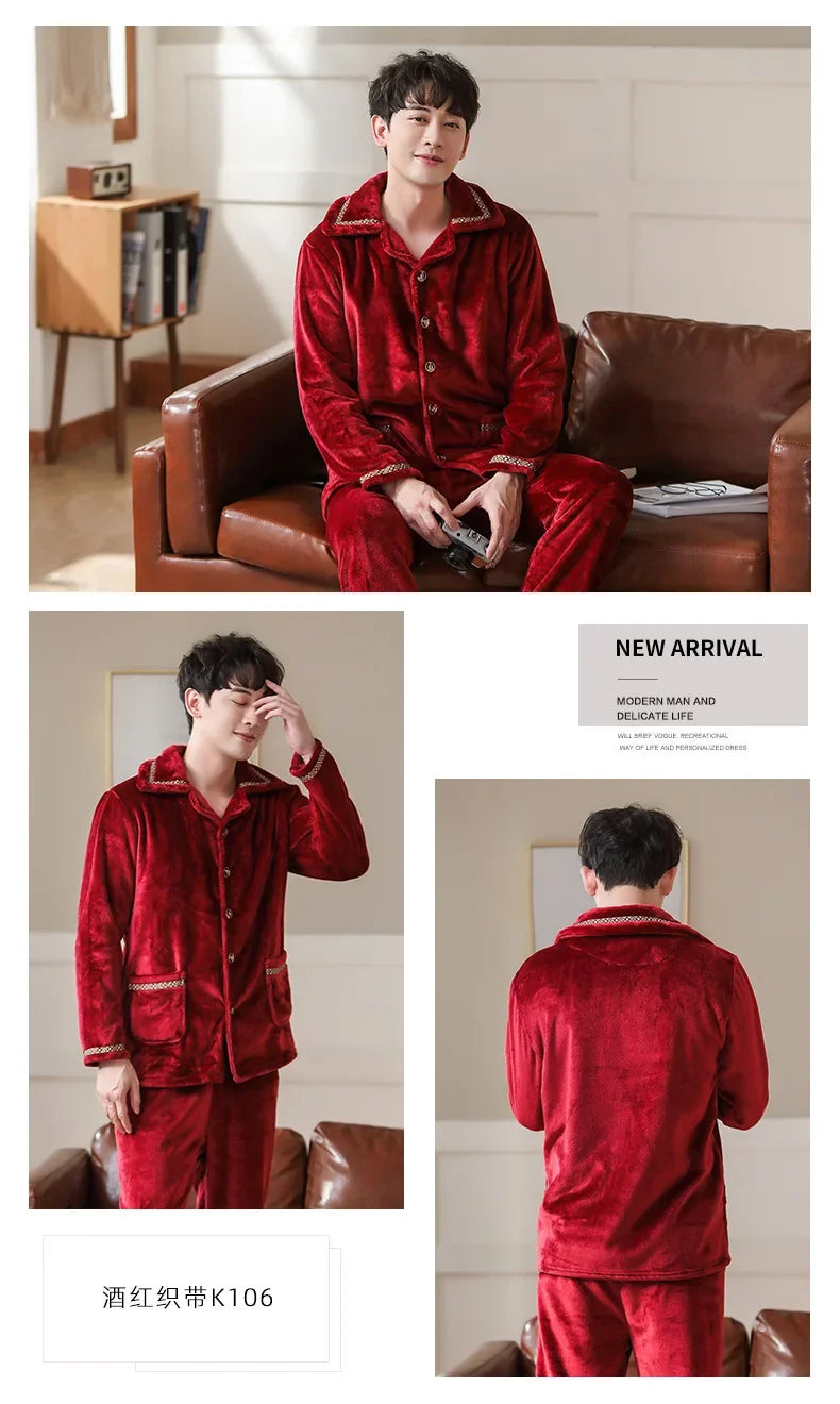 Flannel Pajamas for Men Thickened Cardigan Long-sleeved Plus Velvet  Warm Coral Fleece Men's Oversize Homewear pijama hombre