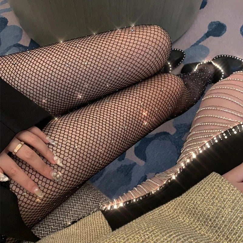 Women Sexy Long Stockings Tights Rhinestone Mesh Fishnet Pantyhose Plus Size Bling Female Tights Hosiery Meias Collant Femme