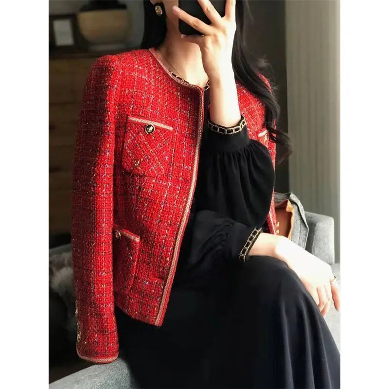 CJFHJE Red Tweed Blazers Women New Autumn Winter Loose O-Neck Single-Breasted Suit Jacket Female Korean Style Elegant Lady Coats