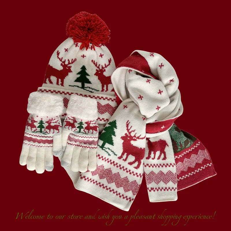 3 Pcs Christmas Hat Scarf Gloves Set Christmas Gifts Winter Christmas Knitted Elf Hat Santa Scarf for Party With Box