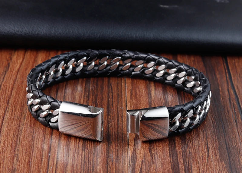 Pulseras de cuero negro trenzado para hombre, estilo punk, de acero inoxidable, para amigos, joyería de moda, regalos